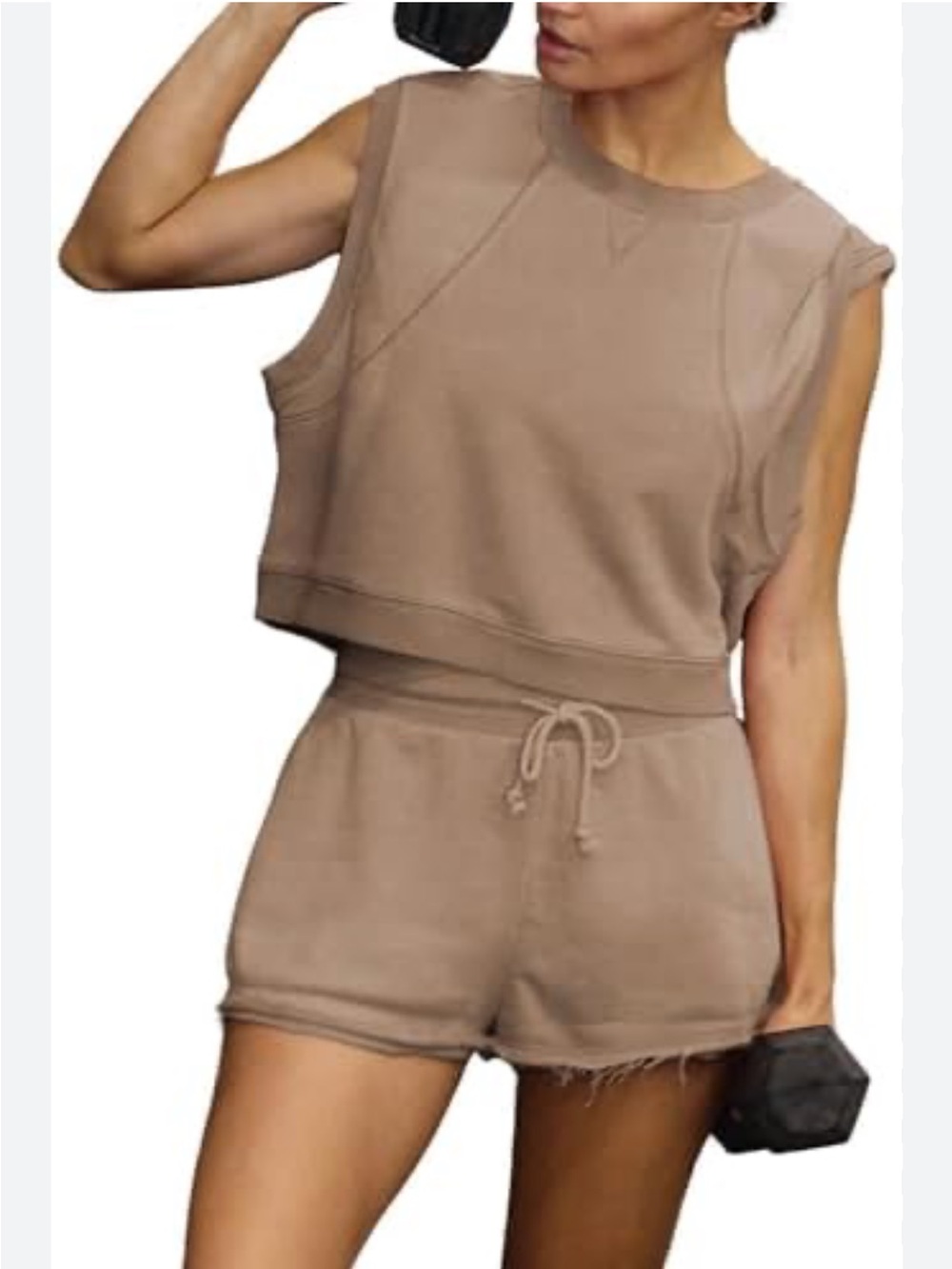 Mono B Taupe Sleeveless Cropped Sweatshirt & Drawstring Shorts Set
